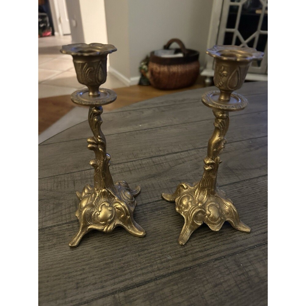 A Matched Pair of Ornate Cast Brass Candlesticks With Rococo Scrolling Bases.